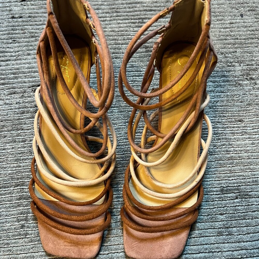 Strappy Multi Shade Earth Tone Zipper Back Heels Sandals 12w Women's 10.5m Men's